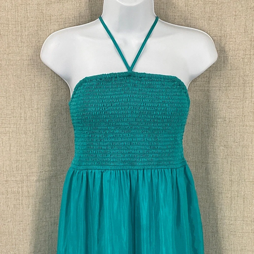 Maeve‎ Silk Maxi Dress Women Sz S Teal Blue 100% Silk Smocked Tiered Boho Halter